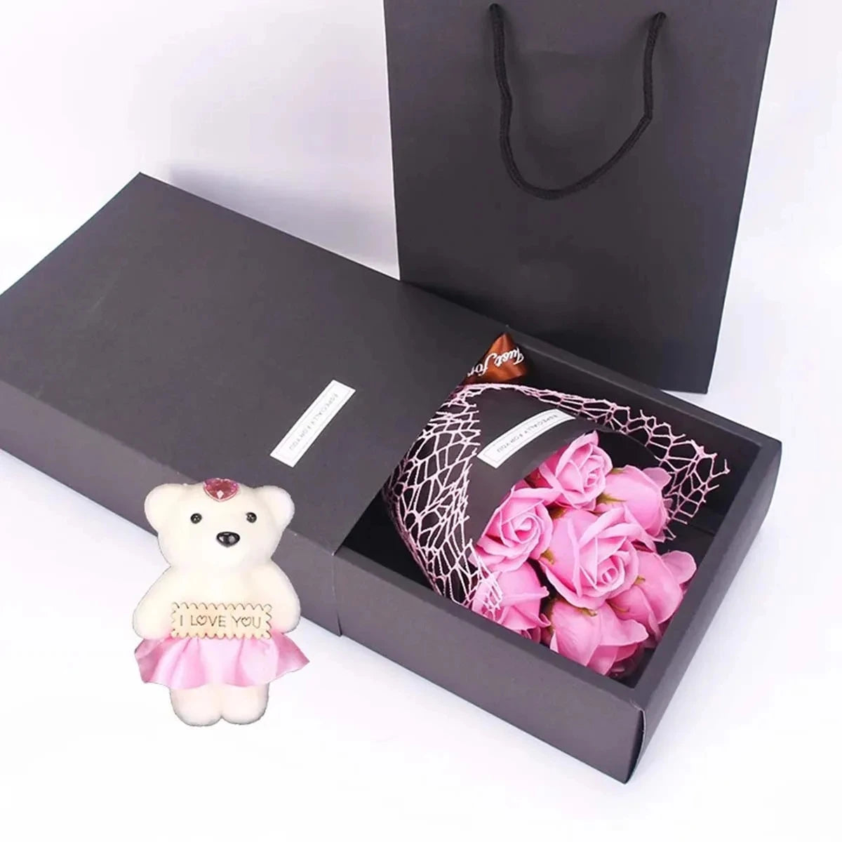 Valentine's Day Artificial Flowers 7 Rose Soap Bouquet Gift Box Teddy Bear Flower Creative Valentine's Day Gift Home Decor - Rebooters