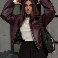 Mara Jacket - Chic Solid Zipper Leather Bomber For Women Wine Red - Rebooters