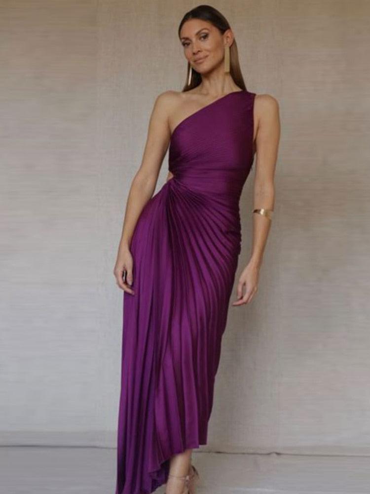 Itzayana | One-Shoulder Women's Evening Gown with Pleated Texture Rebooters Maxi Women's Dresses