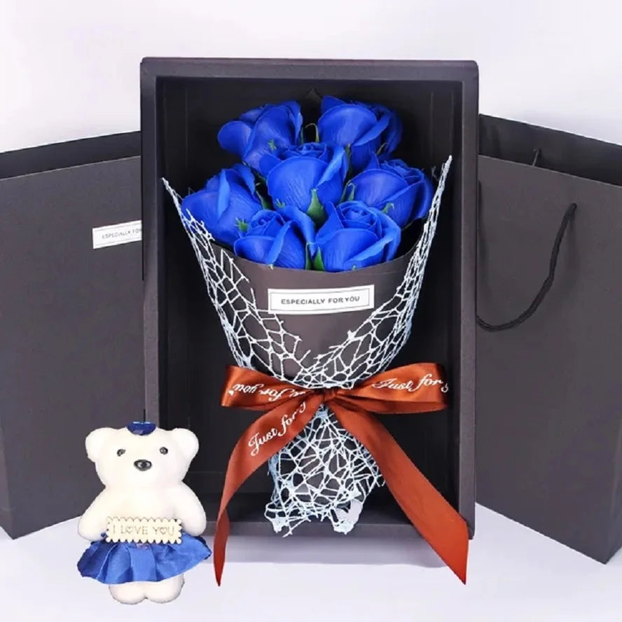 Valentine's Day Artificial Flowers 7 Rose Soap Bouquet Gift Box Teddy Bear Flower Creative Valentine's Day Gift Home Decor - Rebooters