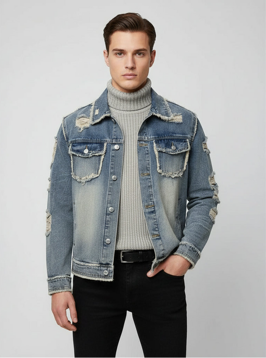 Axl Mens Solid Ripped Slim Denim Jacket Casual Long Sleeve Retro Rebooters Mens Denim Jackets