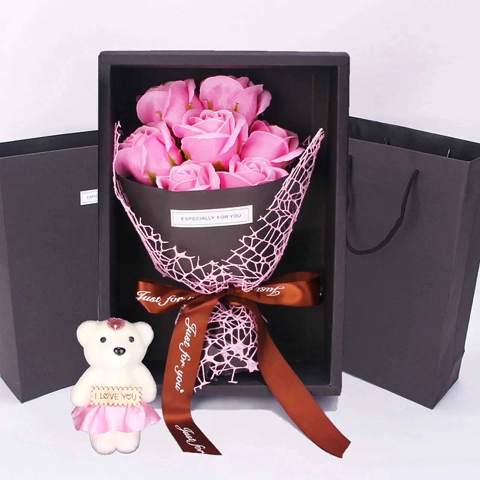 Valentine's Day Artificial Flowers 7 Rose Soap Bouquet Gift Box Teddy Bear Flower Creative Valentine's Day Gift Home Decor - Rebooters