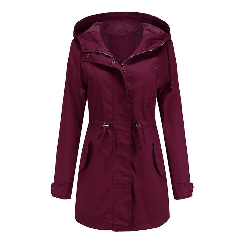 Lena Women's Cotton Hooded Trench Coat Stylish Windbreaker Wine Red - Rebooters