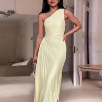 Itzayana | One-Shoulder Women's Evening Gown with Pleated Texture Rebooters Maxi Women's Dresses