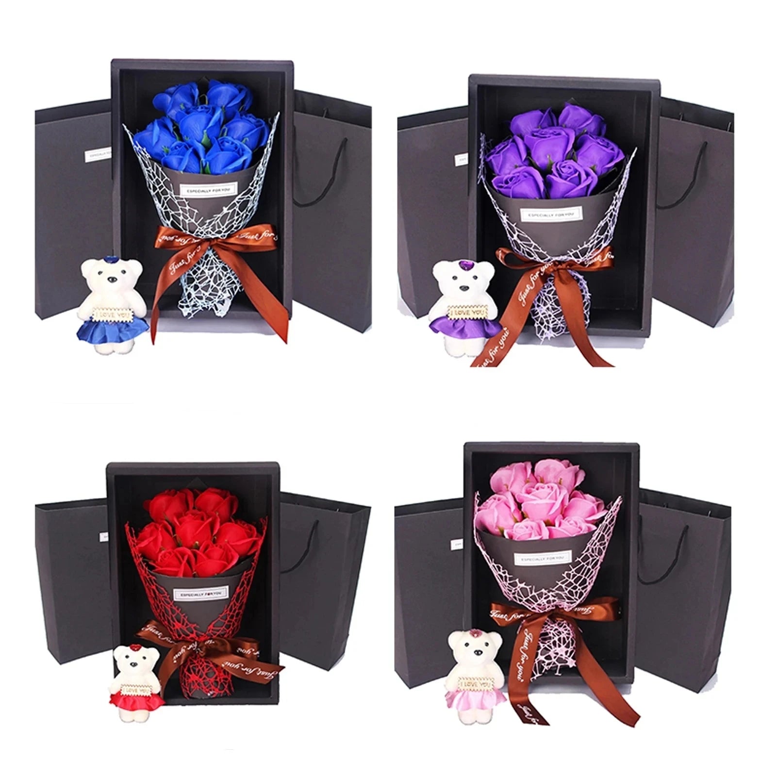Valentine's Day Artificial Flowers 7 Rose Soap Bouquet Gift Box Teddy Bear Flower Creative Valentine's Day Gift Home Decor - Rebooters