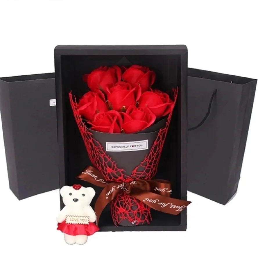 Valentine's Day Artificial Flowers 7 Rose Soap Bouquet Gift Box Teddy Bear Flower Creative Valentine's Day Gift Home Decor - Rebooters