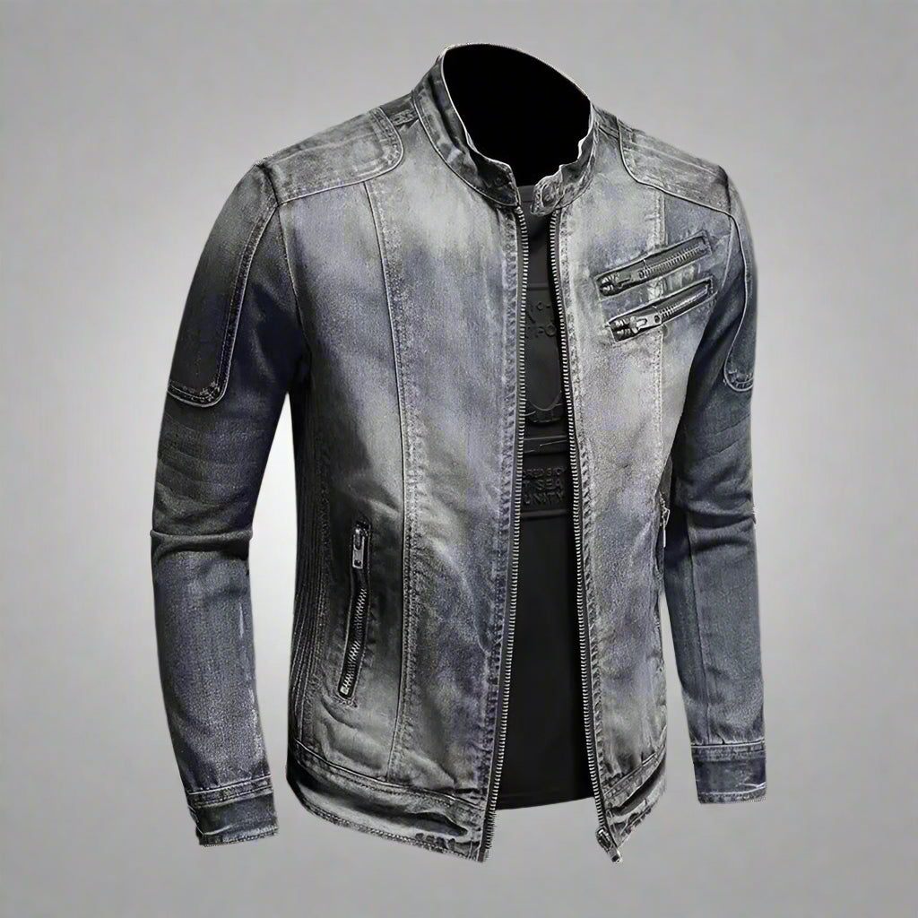 Anker Men's Denim Jacket Casual Retro Vintage Stand Collar Zip-up Rebooters Mens Denim Jackets
