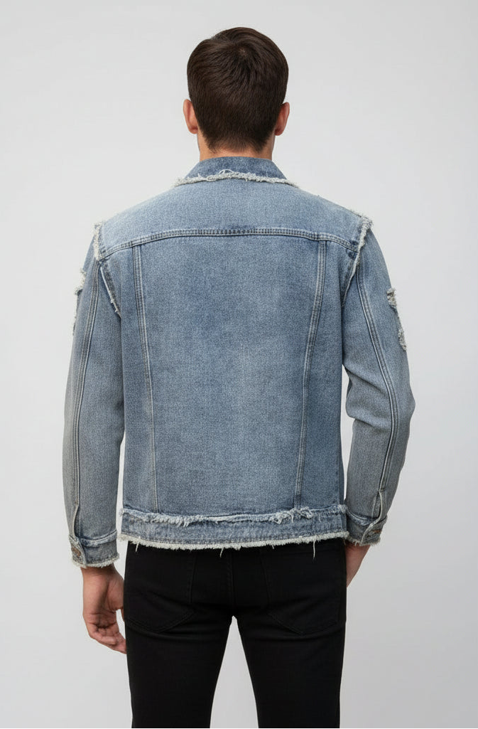 Axl Mens Solid Ripped Slim Denim Jacket Casual Long Sleeve Retro Rebooters Mens Denim Jackets