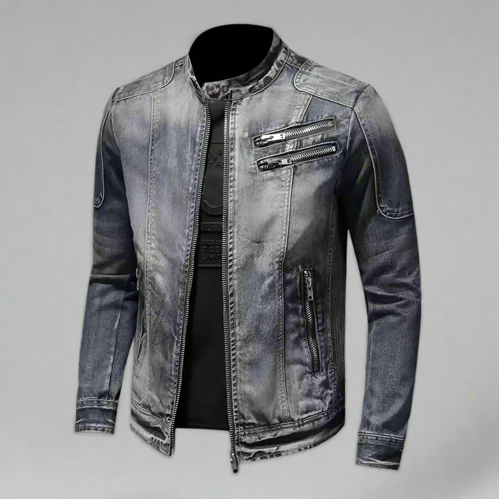 Anker Men's Denim Jacket Casual Retro Vintage Stand Collar Zip-up Rebooters Mens Denim Jackets