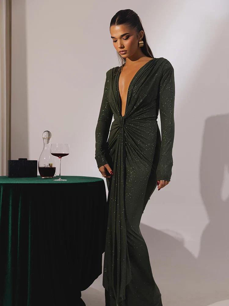 Kendall Women's Evening Gown with Glitter and Ruched Design - Rebooters -Women's Dresses