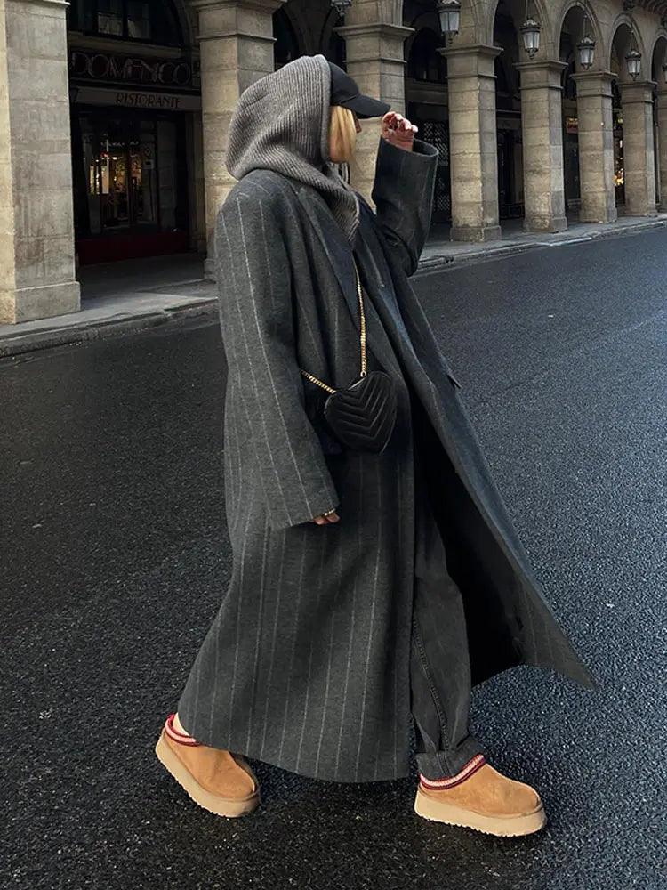 Sienna Chic Women's Dark Grey Striped Wool Blend Jacket - Rebooters