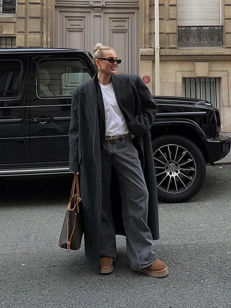 Sienna Chic Women's Dark Grey Striped Wool Blend Jacket - Rebooters