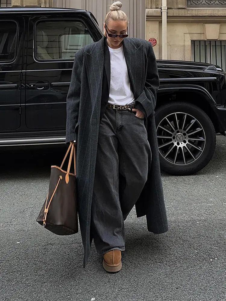 Sienna Chic Women's Dark Grey Striped Wool Blend Jacket - Rebooters