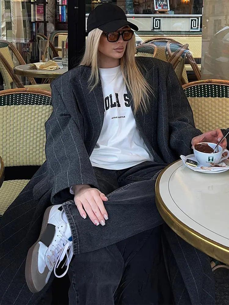 Sienna Chic Women's Dark Grey Striped Wool Blend Jacket - Rebooters