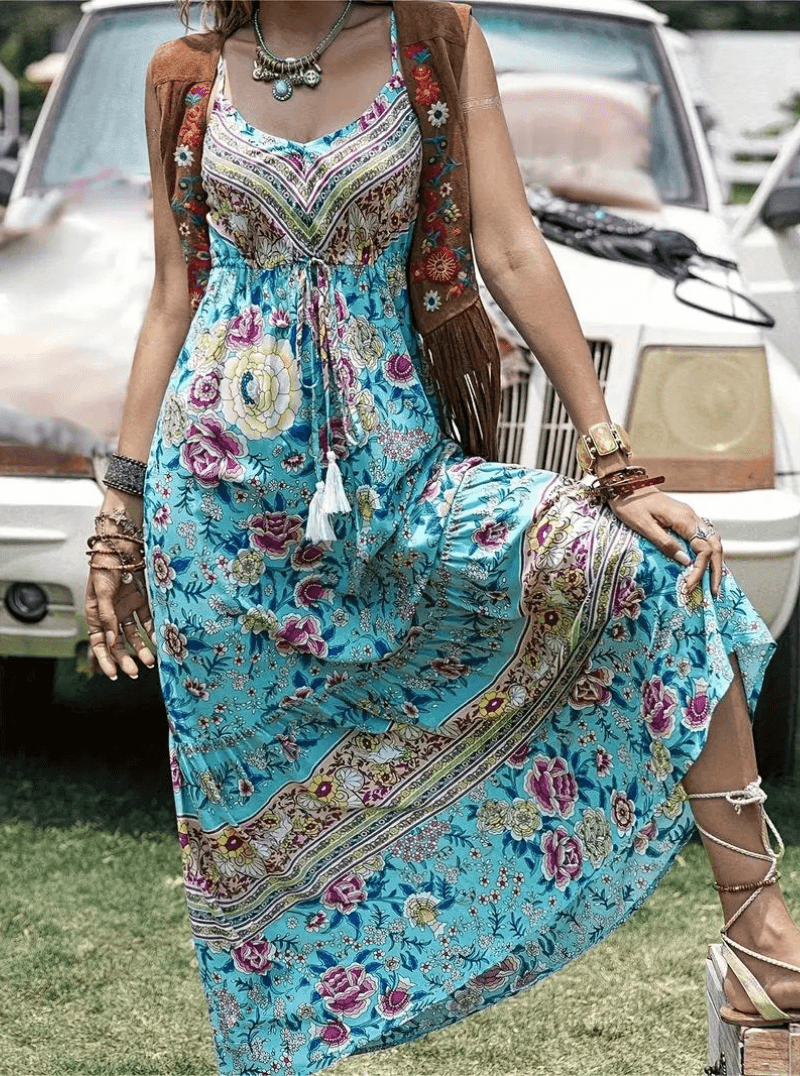 Melanie Bohemian Floral Maxi Dress with Ruffled Hem and Tassels - Rebooters -Women's Dresses