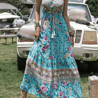 Melanie Bohemian Floral Maxi Dress with Ruffled Hem and Tassels - Rebooters -Women's Dresses