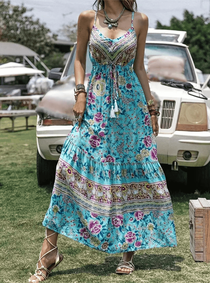 Melanie Bohemian Floral Maxi Dress with Ruffled Hem and Tassels - Rebooters -Women's Dresses