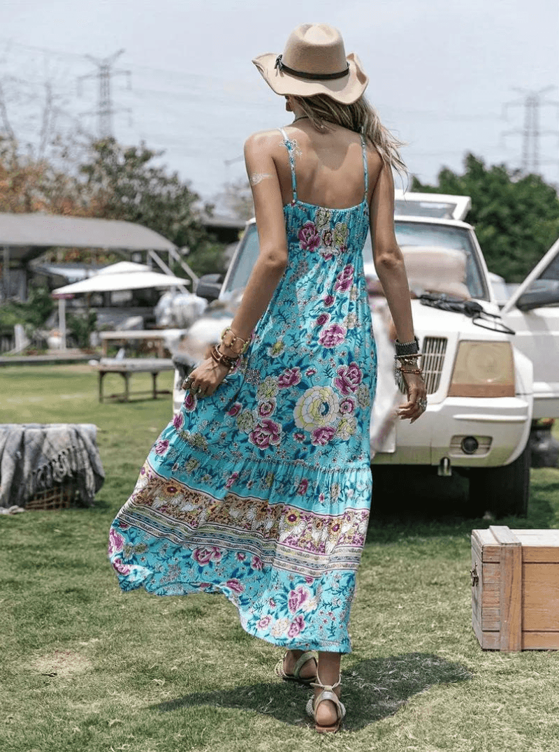 Melanie Bohemian Floral Maxi Dress with Ruffled Hem and Tassels - Rebooters -Women's Dresses