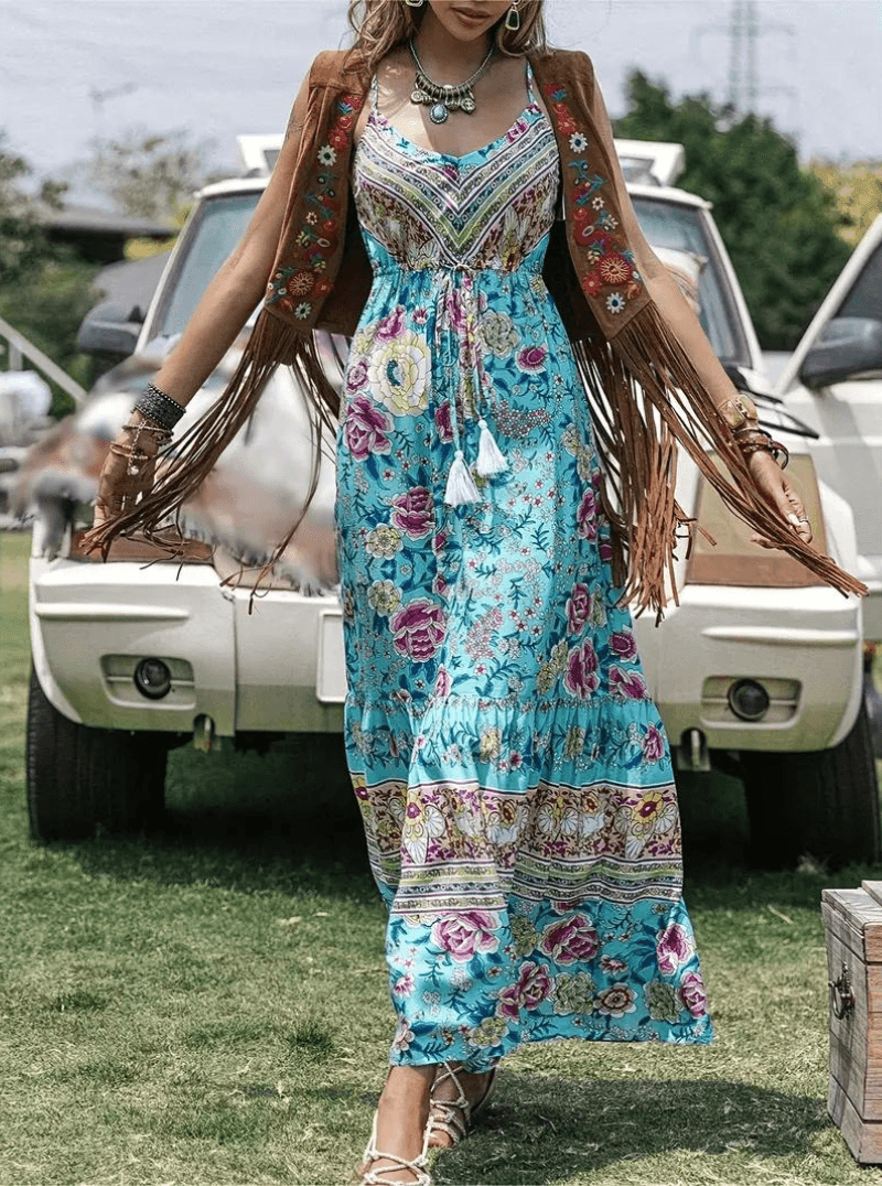 Melanie Bohemian Floral Maxi Dress with Ruffled Hem and Tassels - Rebooters -Women's Dresses