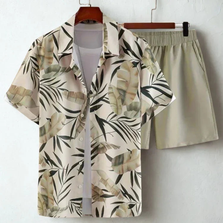 Tropical Print Shirt and Solid Shorts Summer Set for Men Rebooters mens 2 piece set