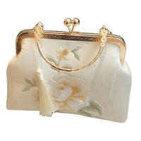 Elegant cream floral embroidered clutch purse with gold handle and tassel