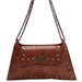 Brown leather shoulder bag with metal studs and double chain strap on white background