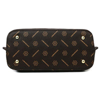 Brown designer bag bottom with metal studs and LEMONKOKO logo pattern
