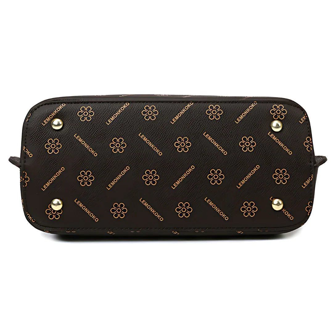 Brown designer bag bottom with metal studs and LEMONKOKO logo pattern