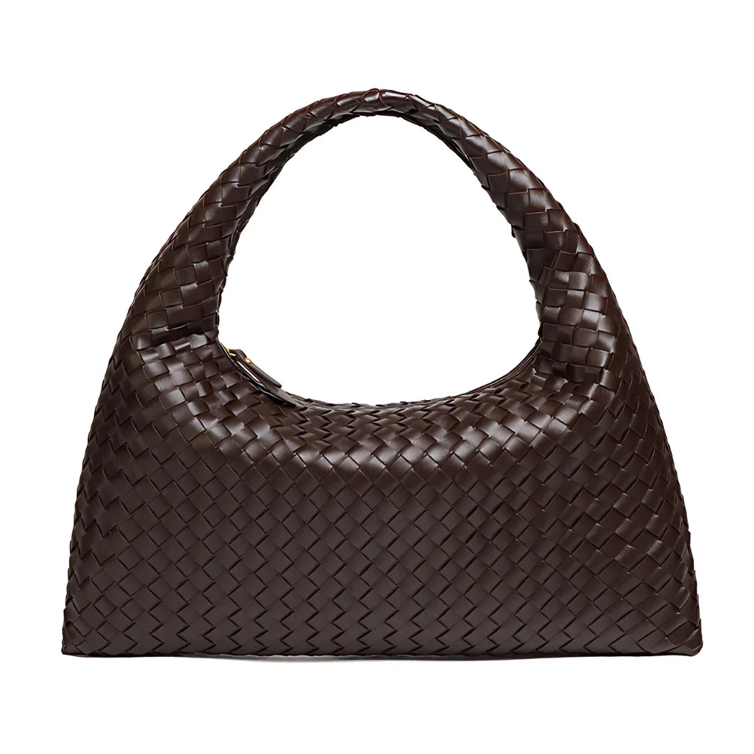 Dark brown woven leather hobo bag with single handle on white background