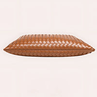 Brown woven leather clutch bag on light background, luxury accessory
