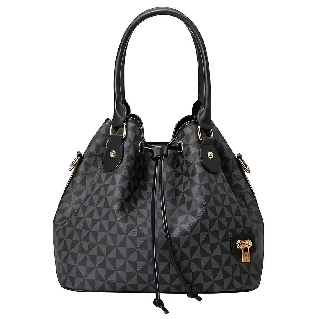 Black geometric pattern tote bag with gold hardware and drawstring closure