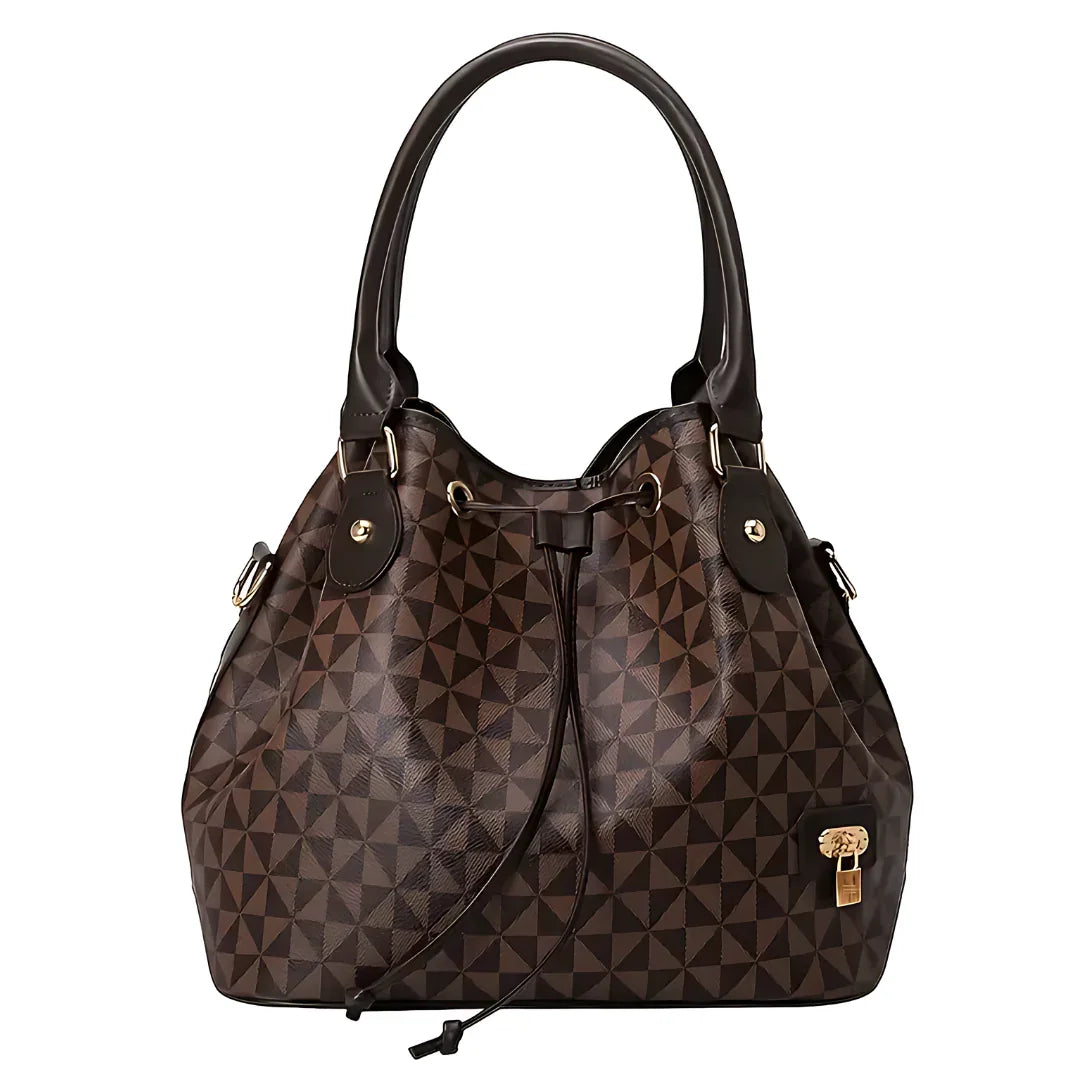 Brown geometric pattern leather tote bag with gold accents and dual handles