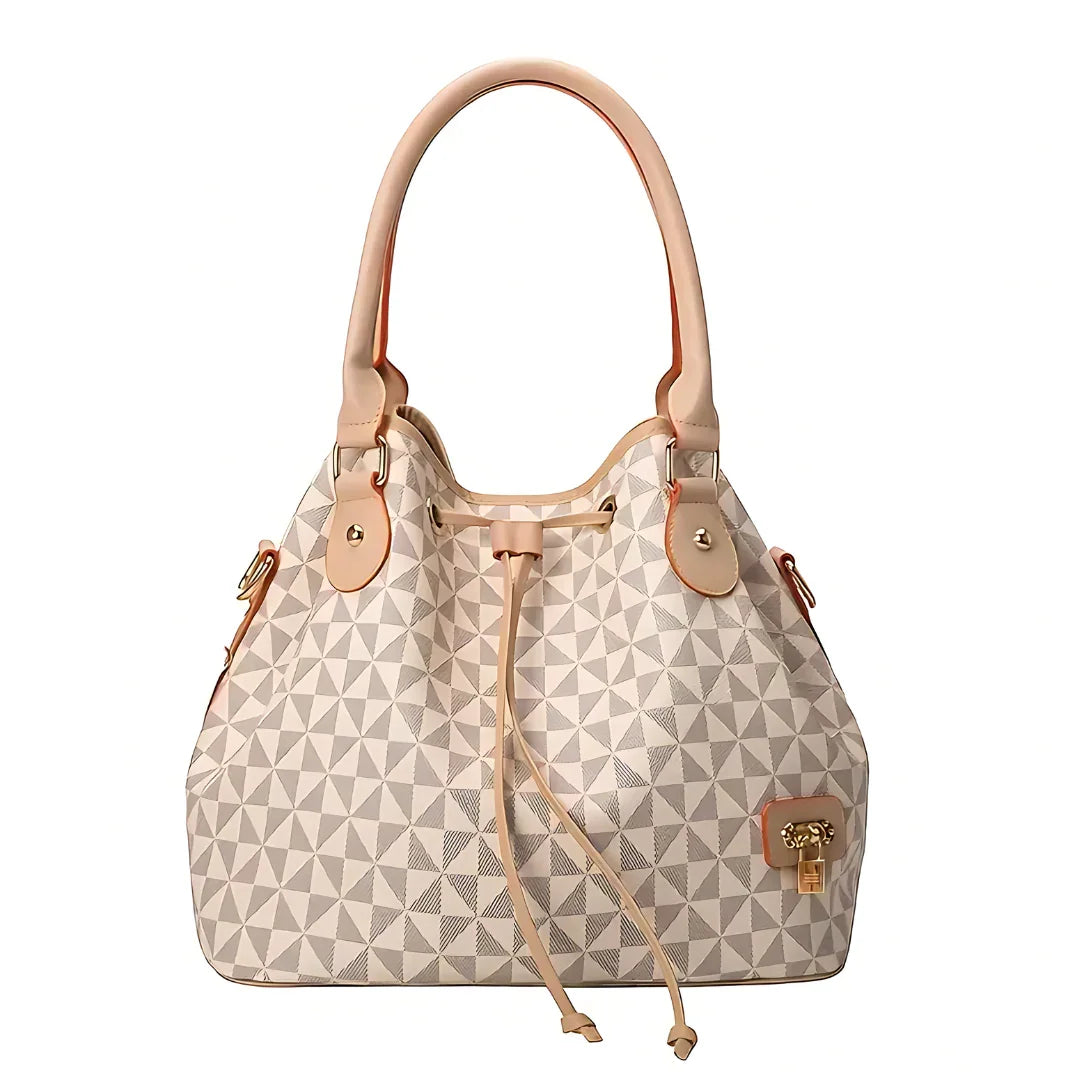 Beige geometric pattern tote bag with leather handles and gold accents on white background