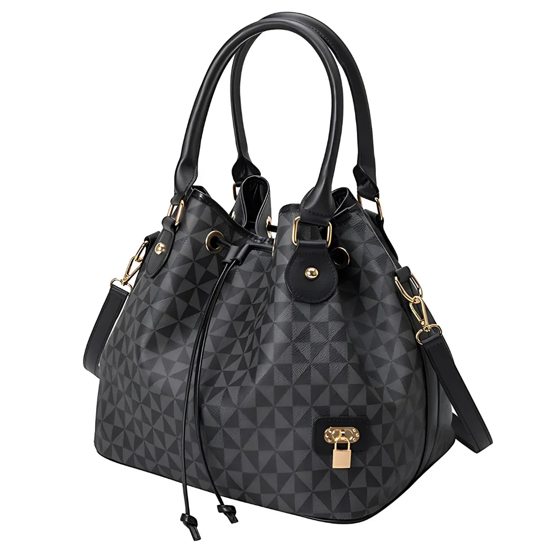 Black geometric pattern tote handbag with gold hardware and double handles