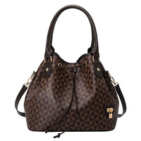 Brown geometric pattern bucket bag with gold hardware and drawstring closure