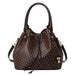 Brown geometric pattern bucket bag with gold hardware and drawstring closure
