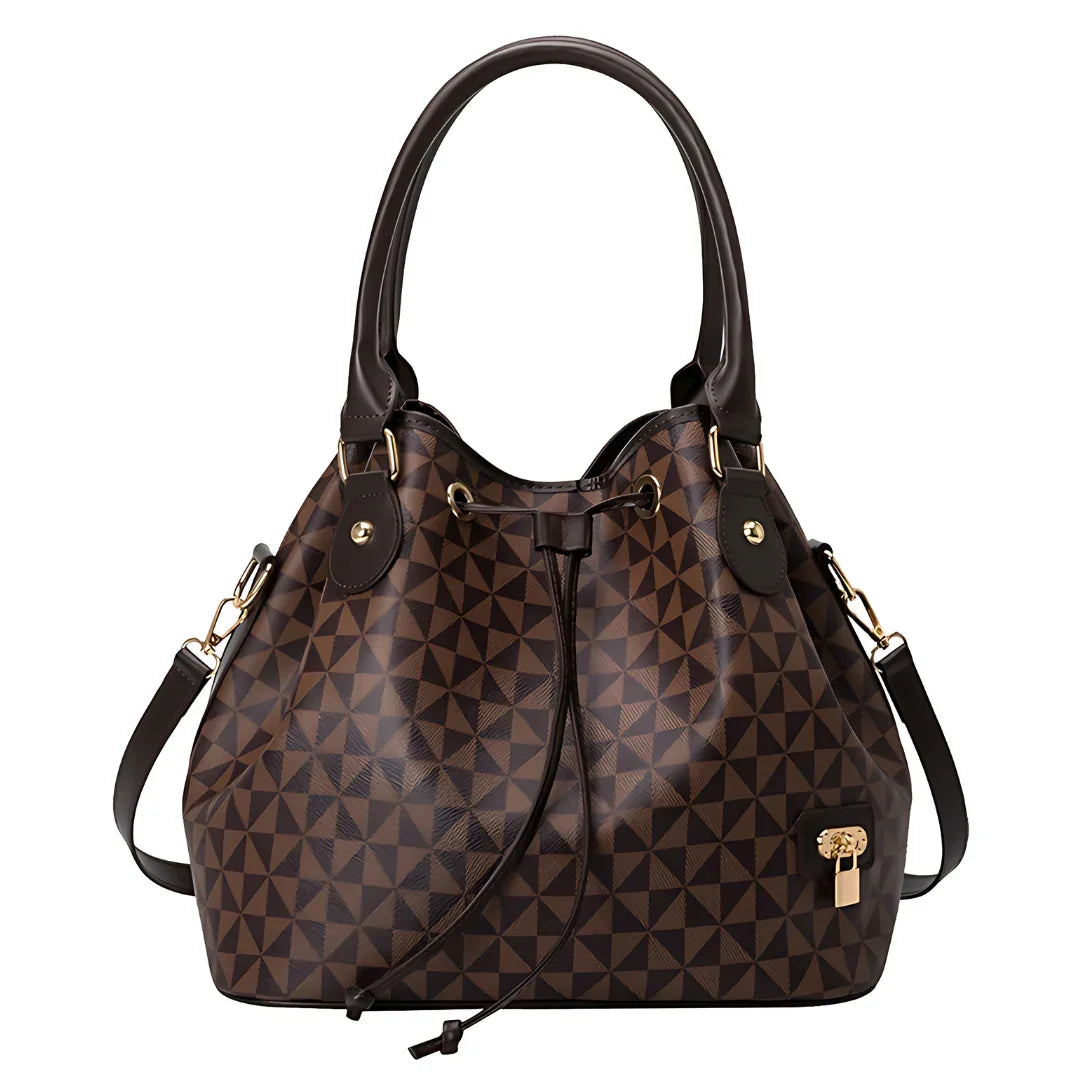 Brown geometric pattern bucket bag with gold hardware and drawstring closure