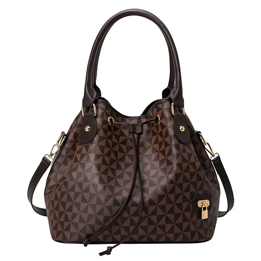 Brown geometric pattern bucket bag with gold hardware and drawstring closure