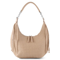 Beige woven leather shoulder bag with zipper and chain strap on white background