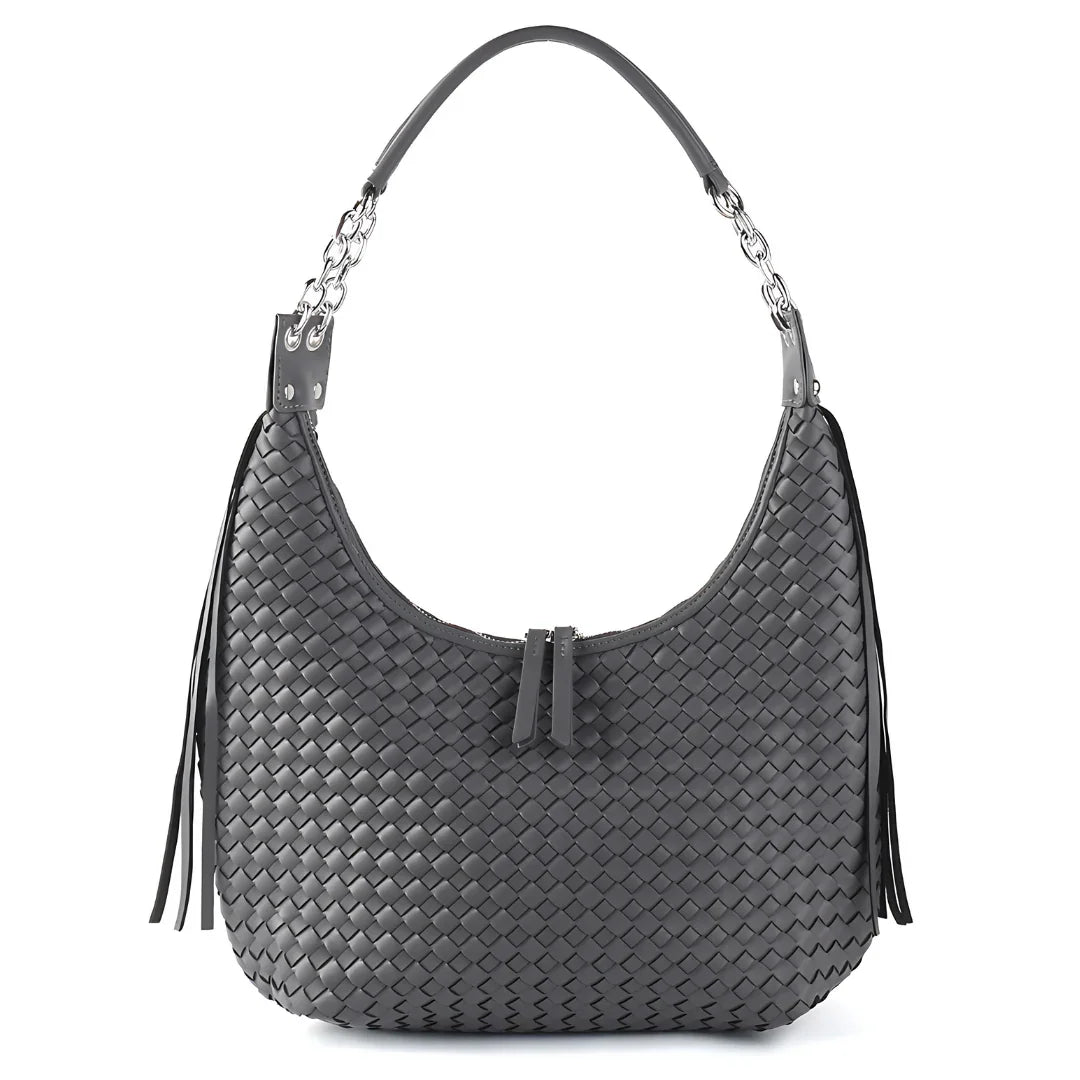 Woven black hobo handbag with silver chain strap and leather tassels