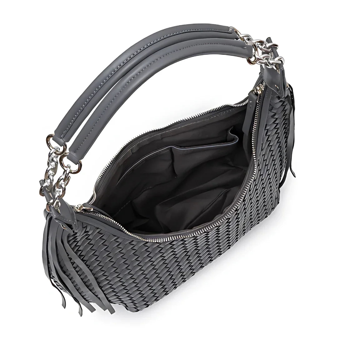 Gray woven leather handbag with double handles and open zippered top view