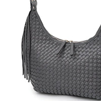 Gray woven leather shoulder bag with zipper closure and fringe detail