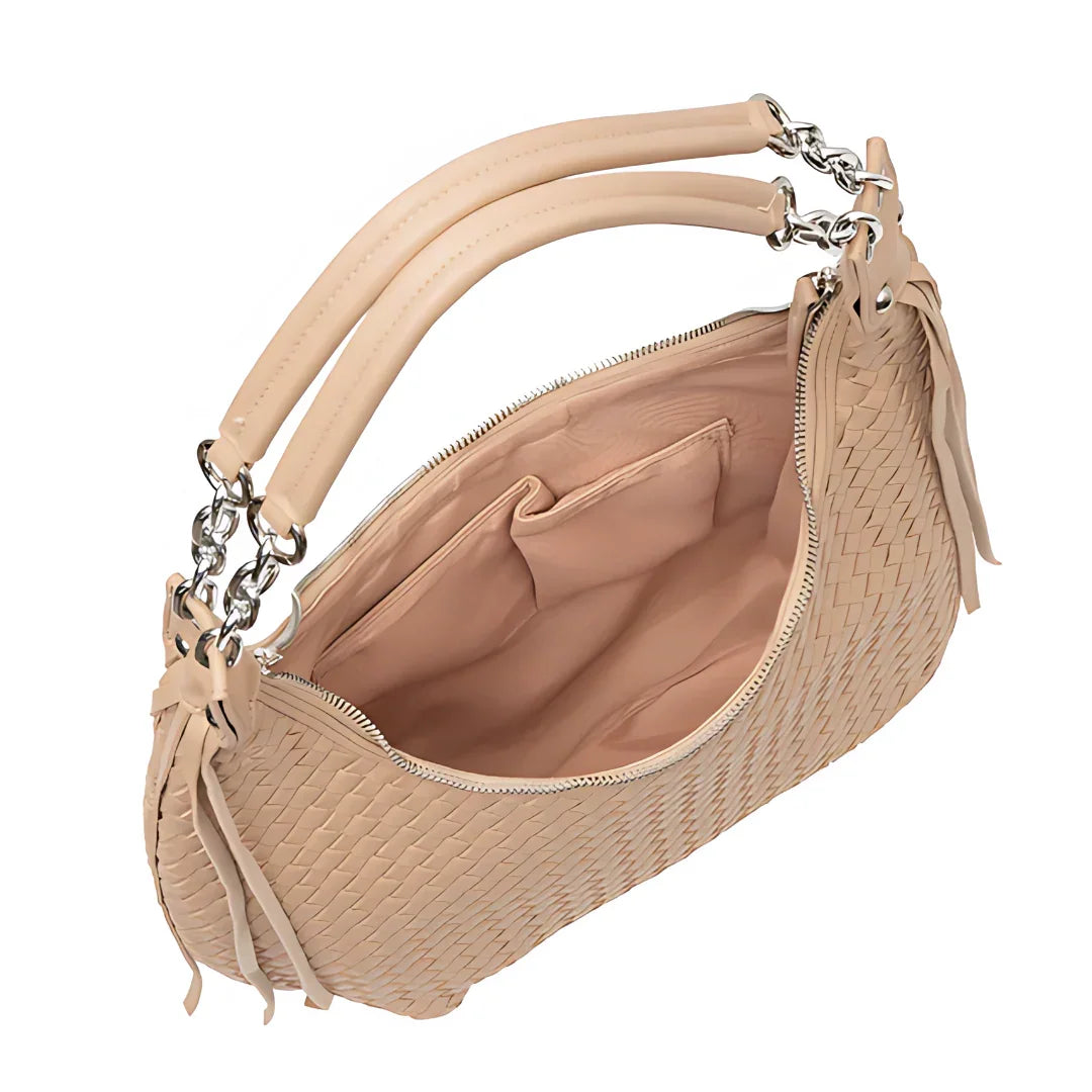 Beige woven leather handbag with double handles and spacious interior pockets
