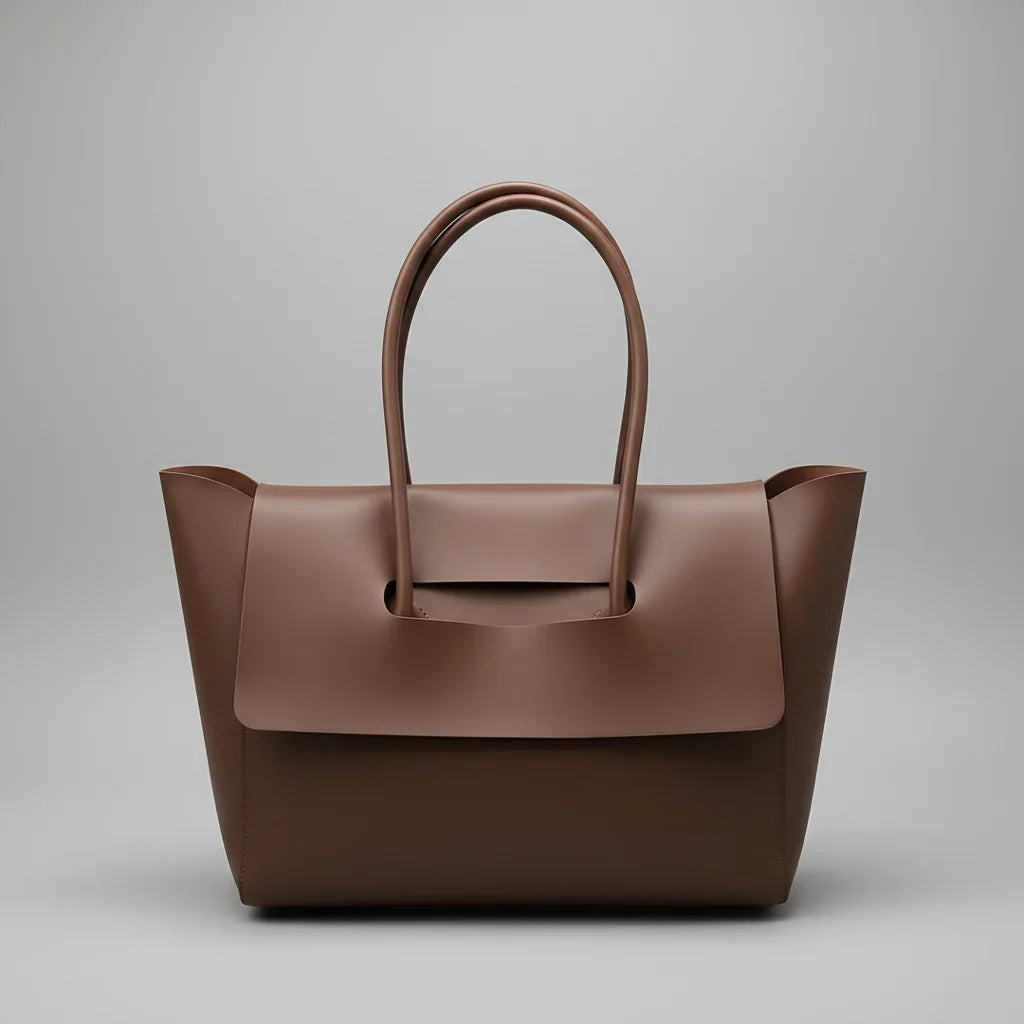 Brown leather tote bag with top handles and flap closure on a gray background