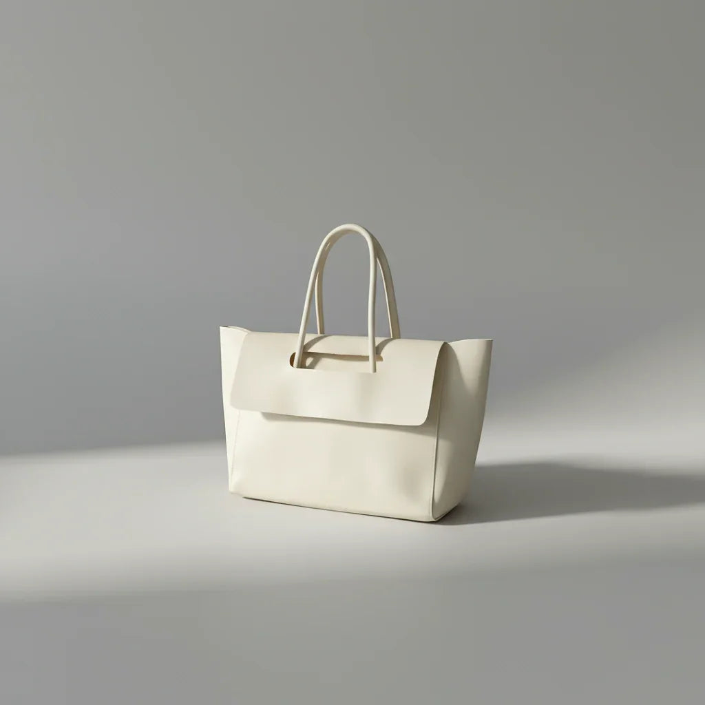 Minimalist cream leather tote bag with top handles on a light gray background