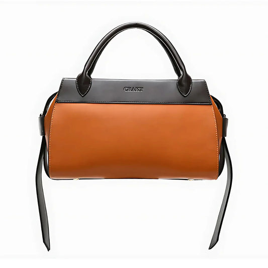 Brown and black leather handbag with top handles and CRAFT logo on front