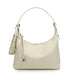 Beige leather shoulder bag with single strap and zip closure on white background