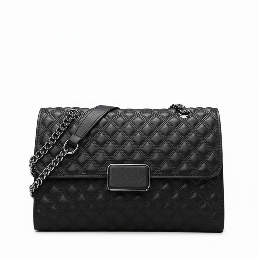 Black quilted leather handbag with chain strap and rectangular metal clasp on white background