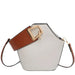 White geometric crossbody bag with wide brown strap and gold buckle accent