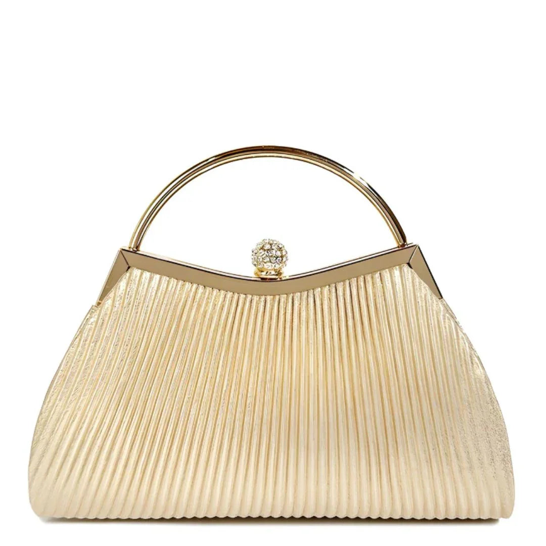 Elegant gold pleated evening handbag with crystal clasp and metallic handle